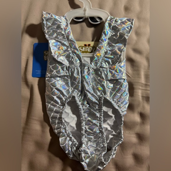 Shady Beach Mermaid Dog Swimsuit – Silver Holographic Scales (XS) - Picture 3 of 4